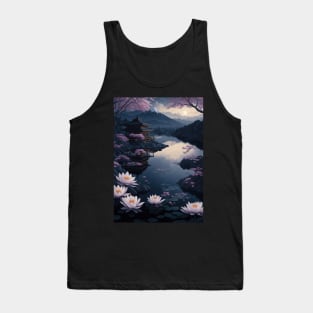 Serene Mount Fuji Sunset - Peaceful River Scenery - Lotus Flowers Tank Top